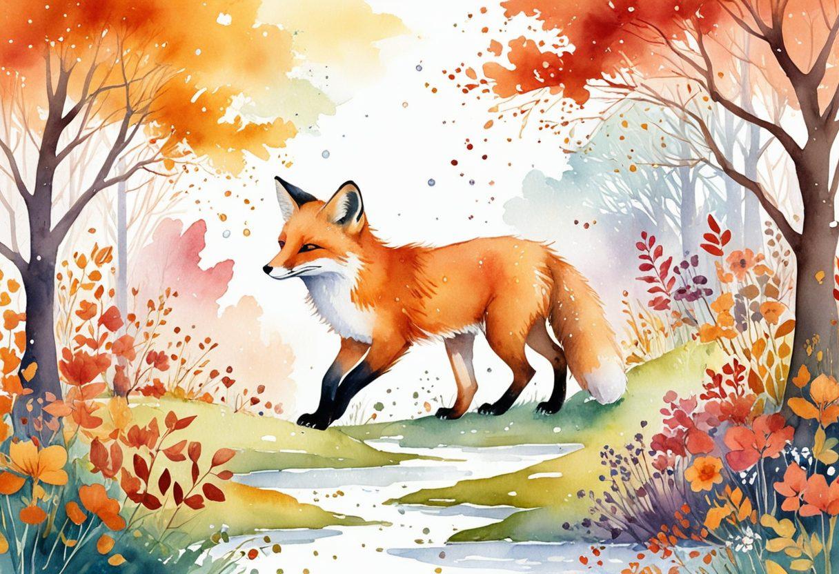 A whimsical illustration showcasing a vibrant fox in each of the four seasons, playfully interacting with elements like snowflakes in winter, flowers in spring, bright sun in summer, and falling leaves in autumn. Each fox reflects the mood of its season, with a lush landscape backdrop that transitions seamlessly between seasonal hues. The scene is imbued with a sense of joy and slyness. watercolor style. vibrant colors. white background.